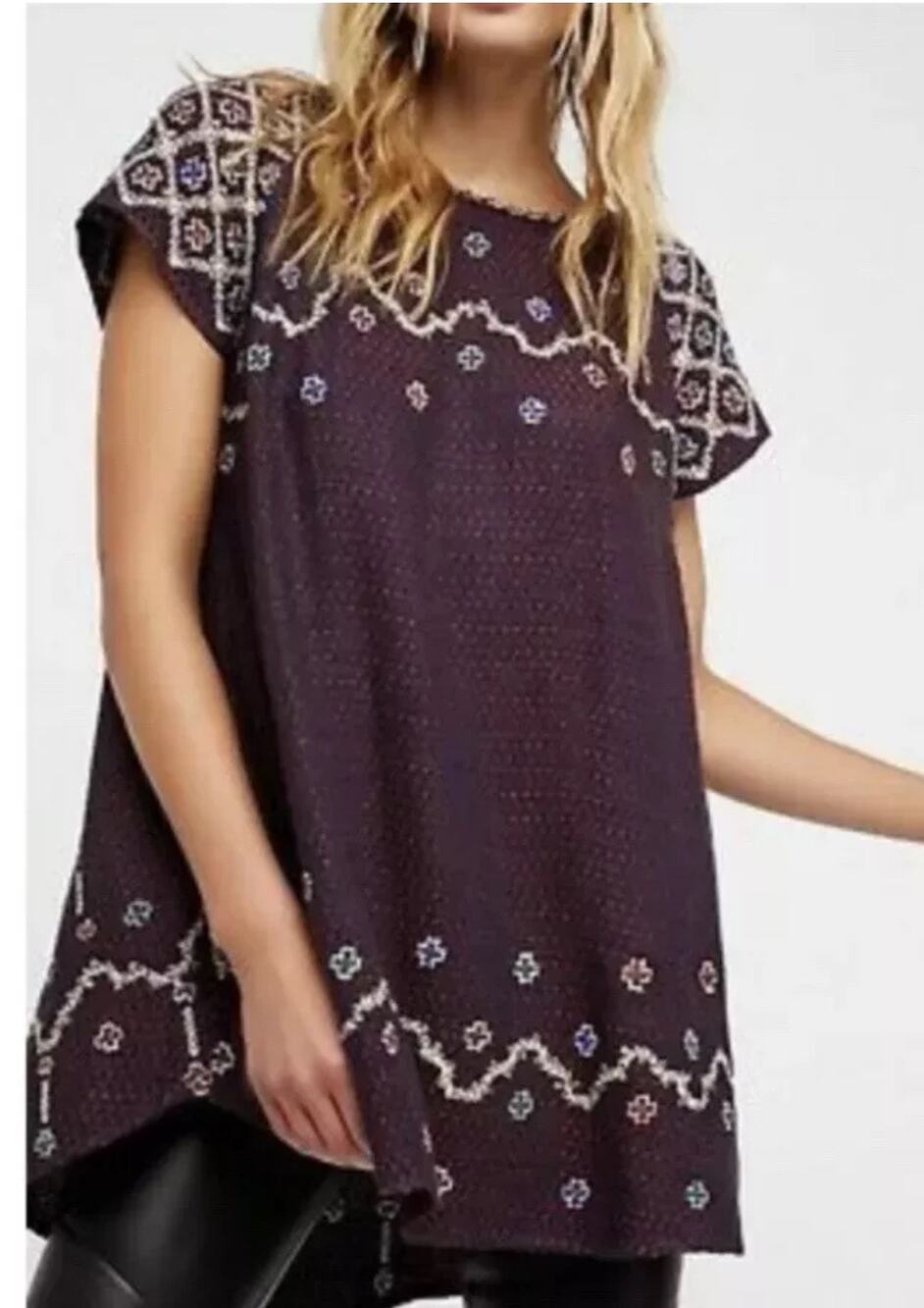 Free People In The Clouds Embroidered Top Beaded Tunic Dress Medium